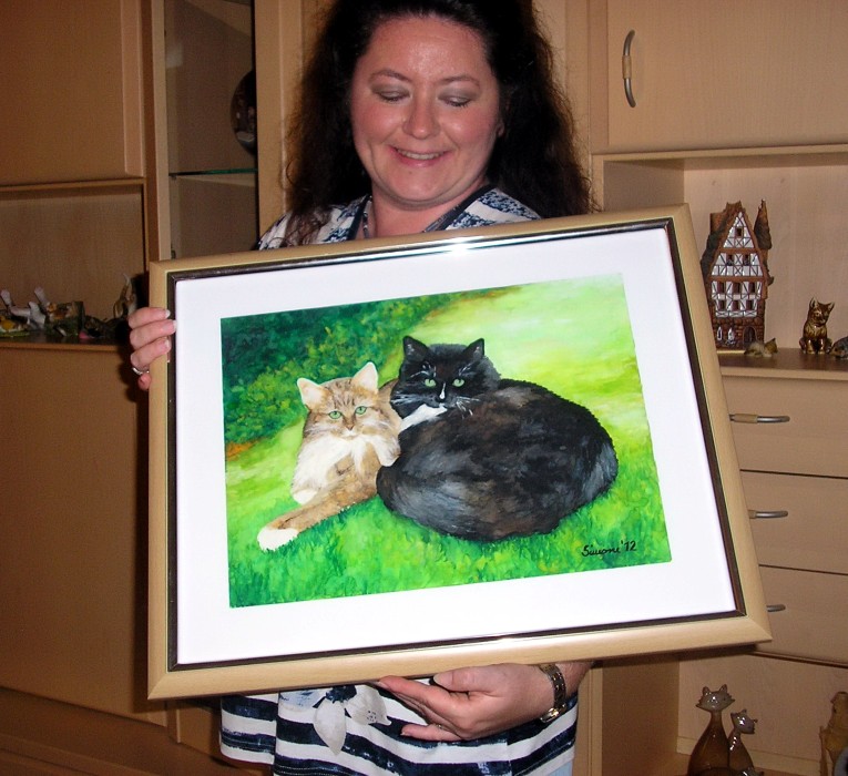 Aquarellbild Tierportrait Tiermalerei Katze Maine Coon Finja und Kiera ein Geschenk für Margit